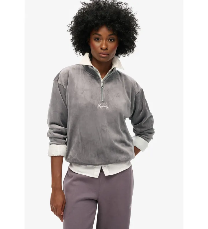 Superdry para mujer. W2012206A Sudadera Country Club de terciopelo gris (L), Casual, Poliéster