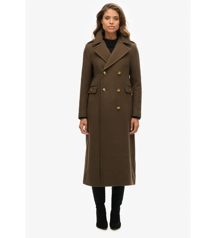 Superdry para mujer. W5011889A Abrigo de lana doble botonadura marrón (L), Casual, Poliéster