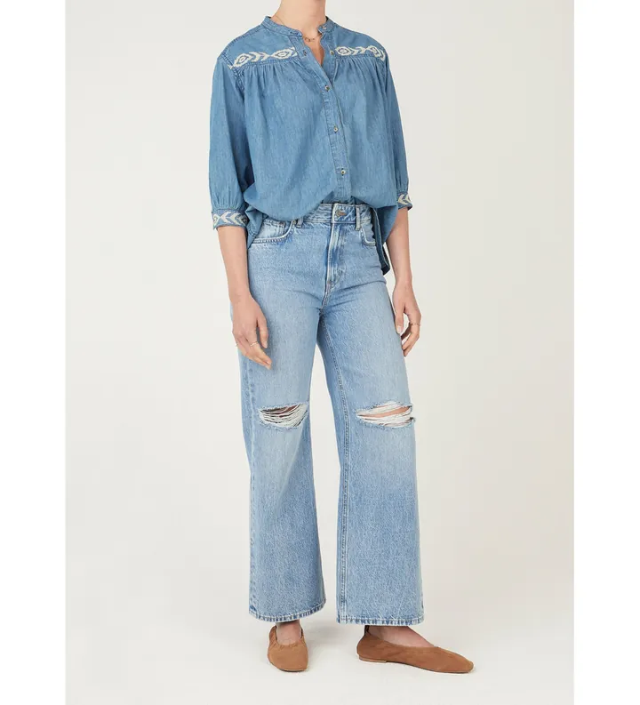 Pepe Jeans para mujer. PL3051432 Camisa Livia Embroidered denim azul (L), Casual, Algodón, Manga larga