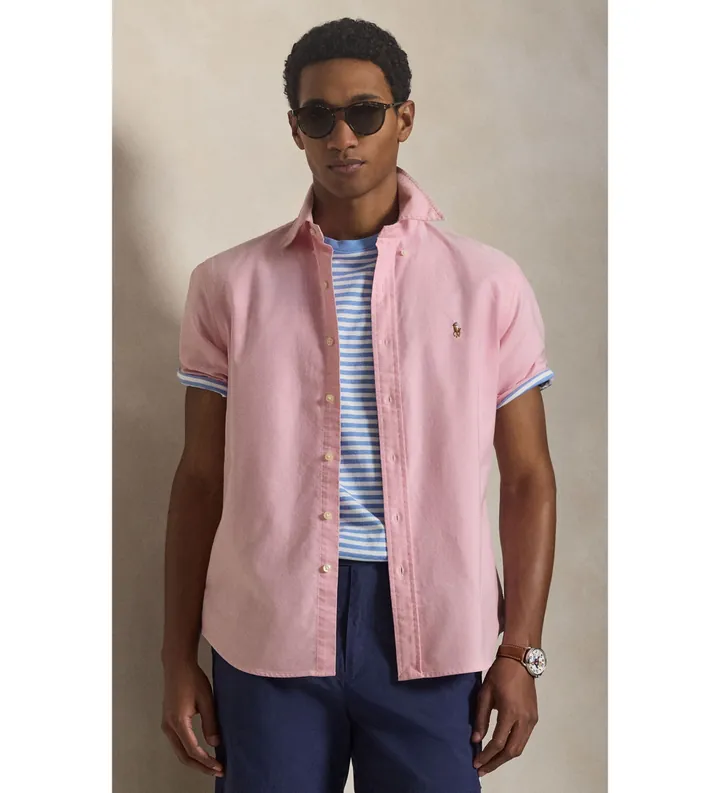 Polo Ralph Lauren para hombre. 710850782007 Camisa oxford Custom Fit rosa (L), Casual, Algodón, Manga corta