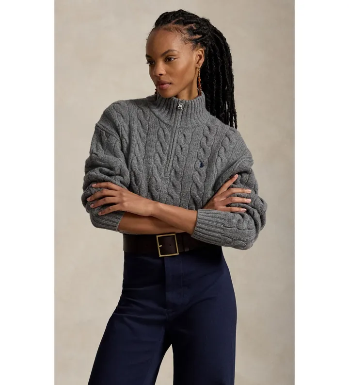 Polo Ralph Lauren para mujer. 211972130501 Jersey de lana y cachemira de punto gris (XXL), Casual, Manga larga