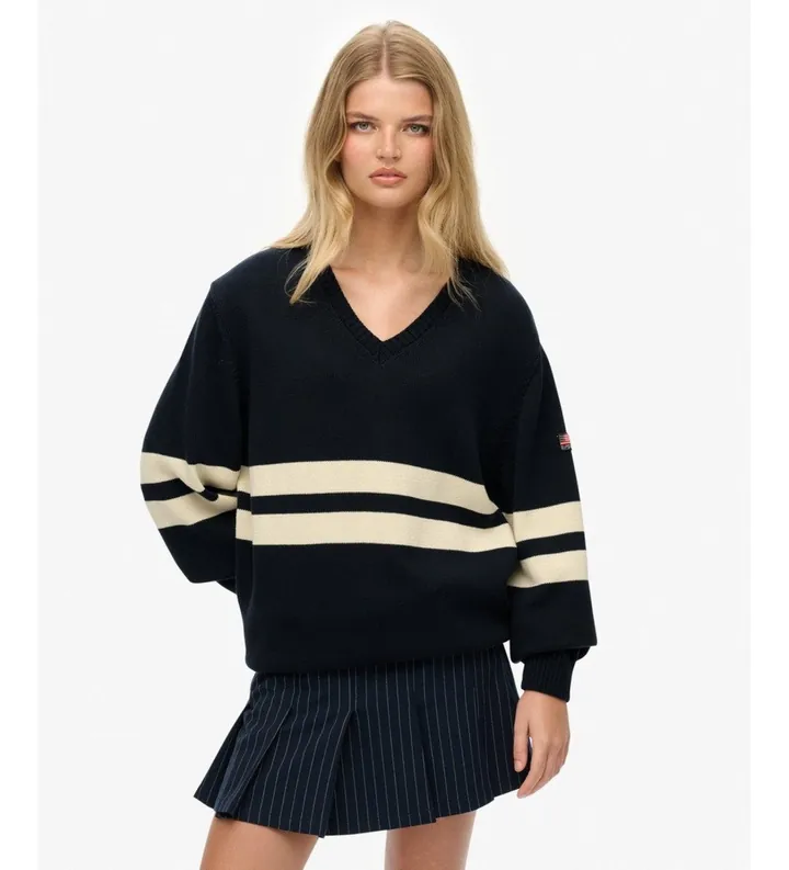 Superdry para mujer. W6110670A Jersey de pico Oversized Striped marino (L), Casual, Algodón, Manga larga