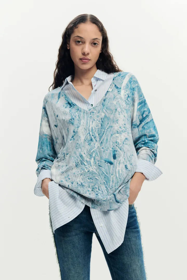 Desigual, Jersey pico estampado abstracto, Mujer, Azul, L