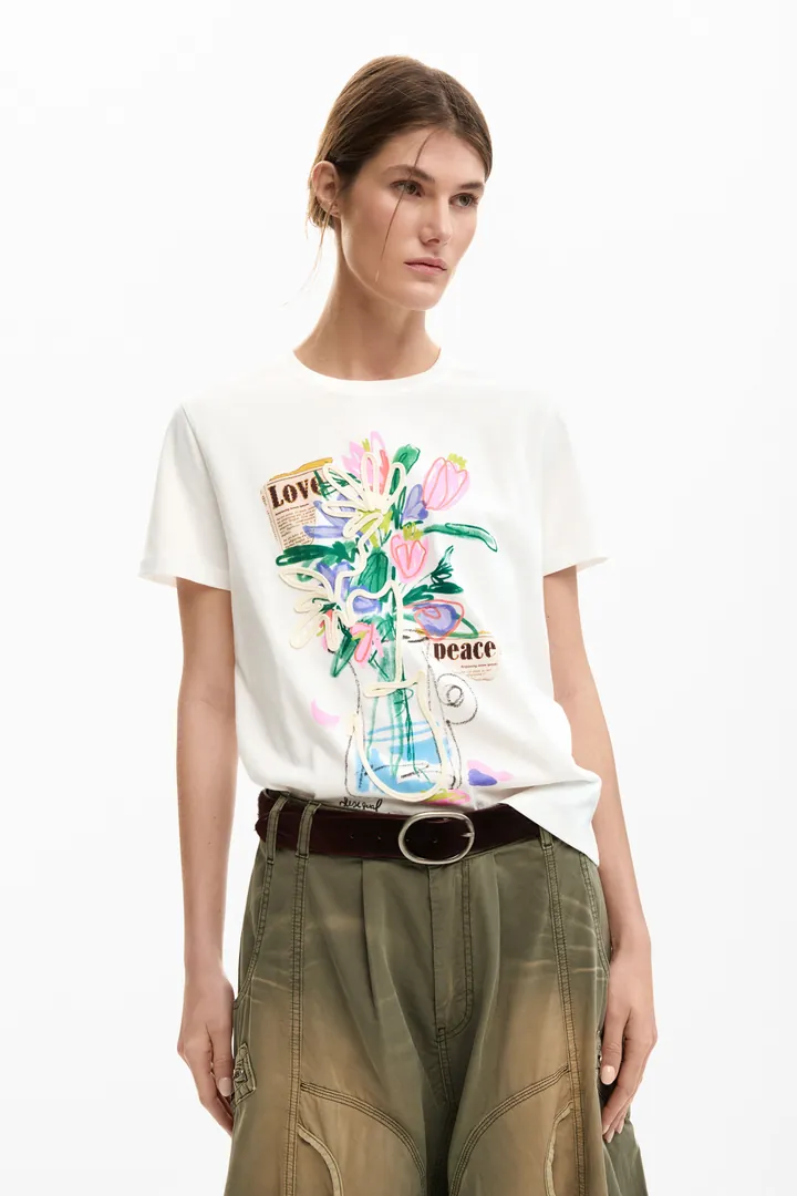 Desigual, Camiseta estampada jarrón, Mujer, Algodon, Blanco, XS