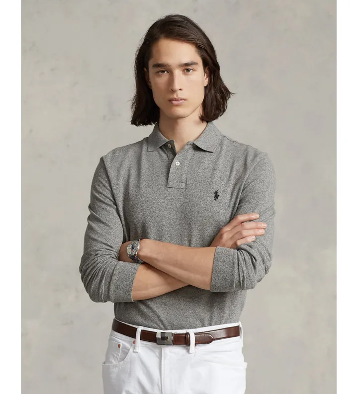 Polo Ralph Lauren para hombre. 710681126003 Polo de piqué Slim Fit gris (M), Casual, Algodón, Manga larga
