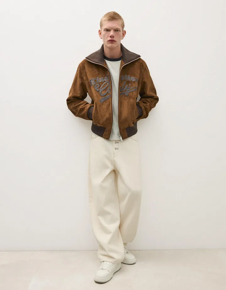 Bershka Cazadora Efecto Suede Retro Hombre L Marrón