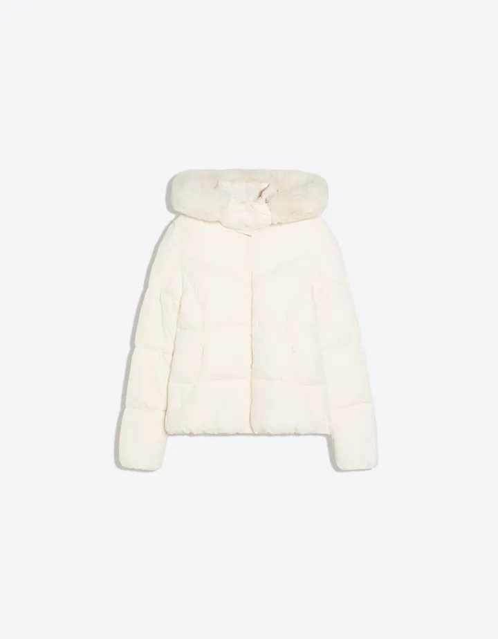 Bershka Cazadora Acolchada Capucha Pelo Mujer L Crudo