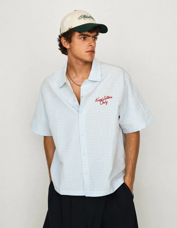 Bershka Camisa Manga Corta Boxy Bordado Hombre L Azul Claro