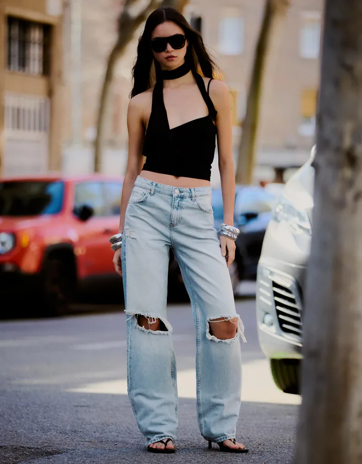 Bershka Jeans Wide Leg Tiro Alto Rotos Mujer 32 Azul Claro