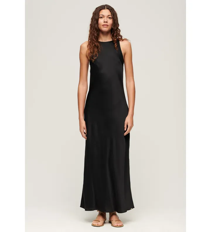 Superdry para mujer. W8011628A Vestido midi de raso negro (L), Casual, Viscosa, Sin mangas / Tirantes