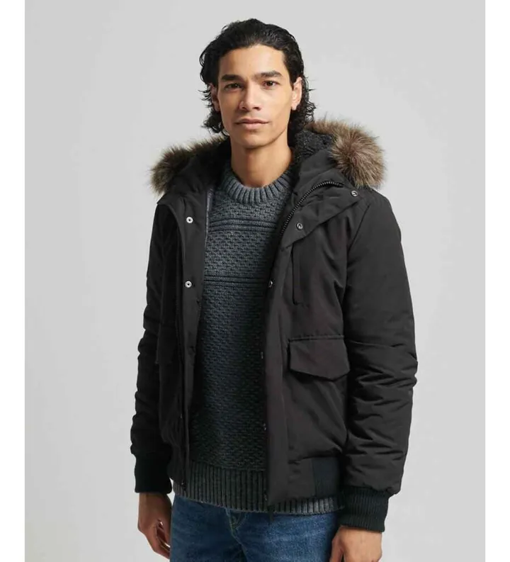 Superdry para hombre. M5011113A Cazadora Bómber Everest negro (XL), Casual, Poliéster, Manga larga