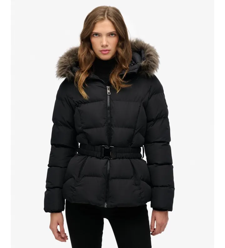 Superdry para mujer. W5011928A Abrigo Acolchado Fuji con Cinturón negro (L), Casual, Poliéster Reciclado, Sostenible