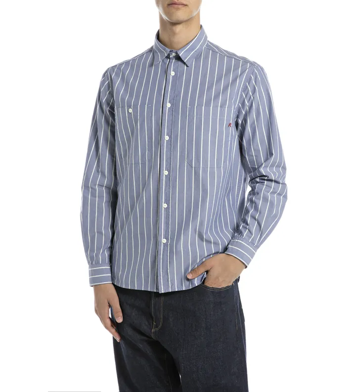 Replay para hombre. M4153.000.52852 Camisa Yarn Dyed azul (L), Casual, Clásico, Poliéster, Manga larga