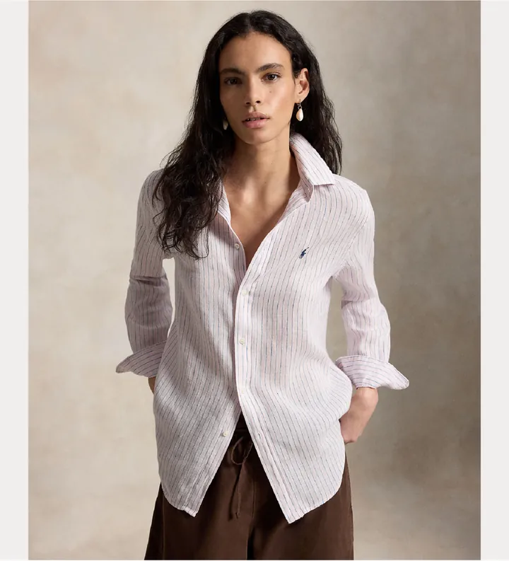 Polo Ralph Lauren para mujer. 211A96158011 Camisa Clásica de Lino rosa (L), Casual, Manga larga