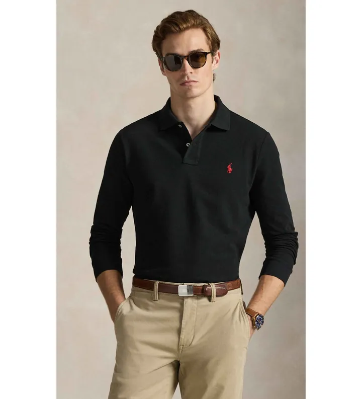 Polo Ralph Lauren para hombre. 710680790045 Polo de piqué Custom Slim Fit negro (3XL), Casual, Algodón, Manga larga