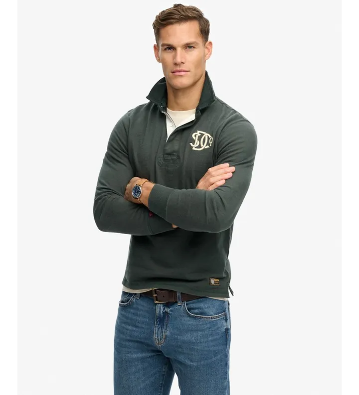 Superdry para hombre. M2014011A Polo Vintage Athletic Rugby verde (M), Casual, Algodón, Manga larga