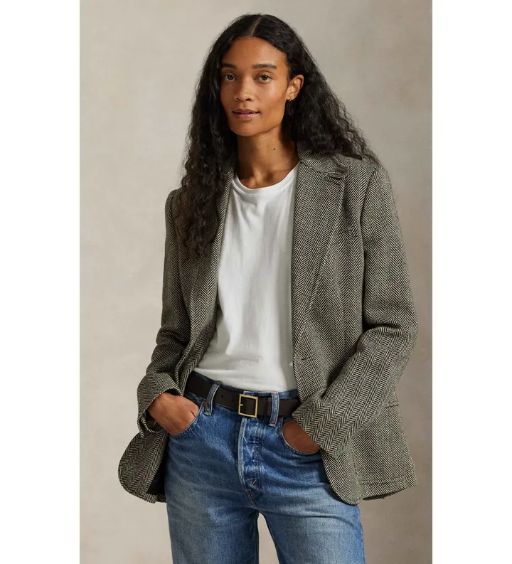 Polo Ralph Lauren para mujer. 211891070002 Blazer de botonadura sencilla en espiga gris verdoso (32), Casual, Lino, Clásico