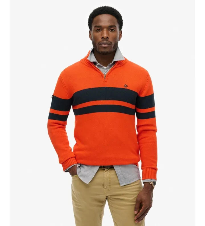 Superdry para hombre. M6110709A Jersey con media cremallera Cotton Stripe Half naranja (L), Casual, Algodón