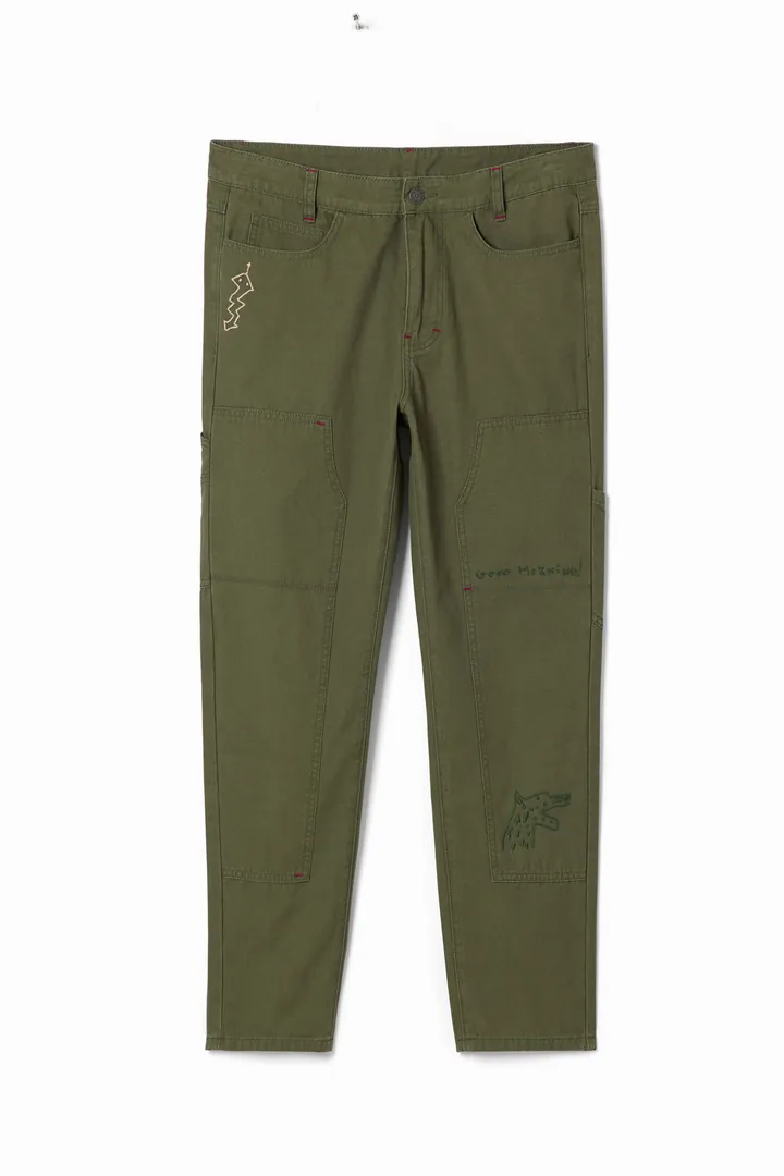 Desigual, Pantalón largo recto con bordados, Algodon, Verde, 28