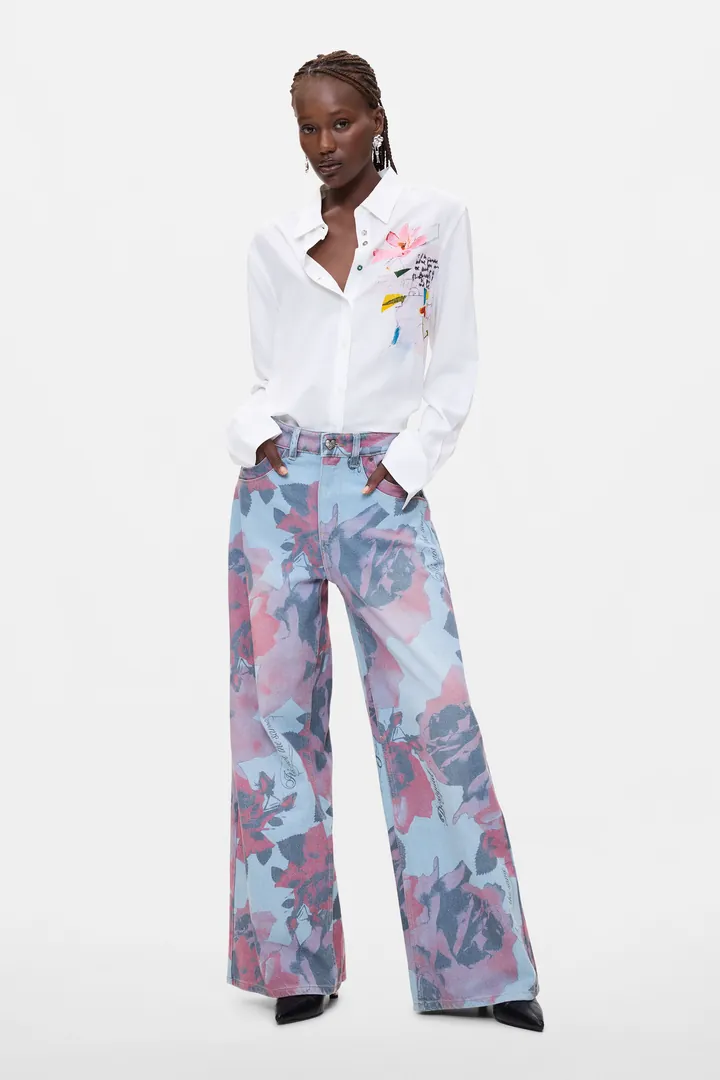 Desigual, Pantalón Vaquero Estampado Wide Leg, Mujer, Algodon, Azul, 34
