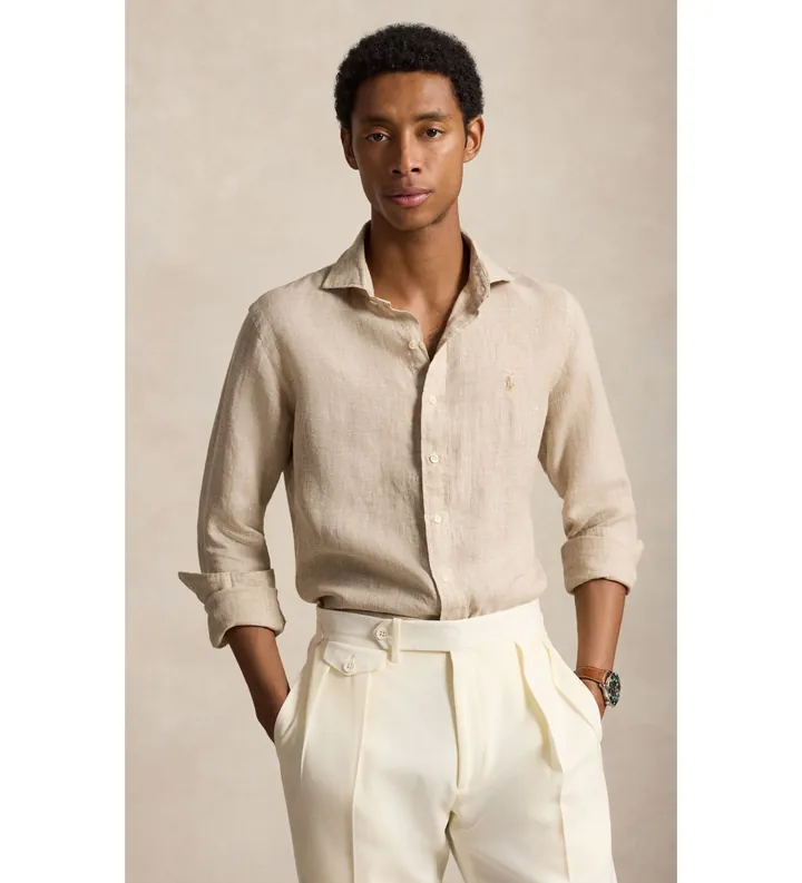 Polo Ralph Lauren para hombre. 710B22589001 Camisa de lino Custom Fit beige (M), Casual, Manga larga