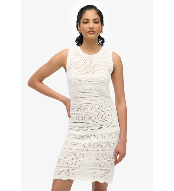 Superdry para mujer. W8011857A Minivestido de crochet blanco (XL), Casual, Sin mangas / Tirantes, Algodón Orgánico, Sostenible