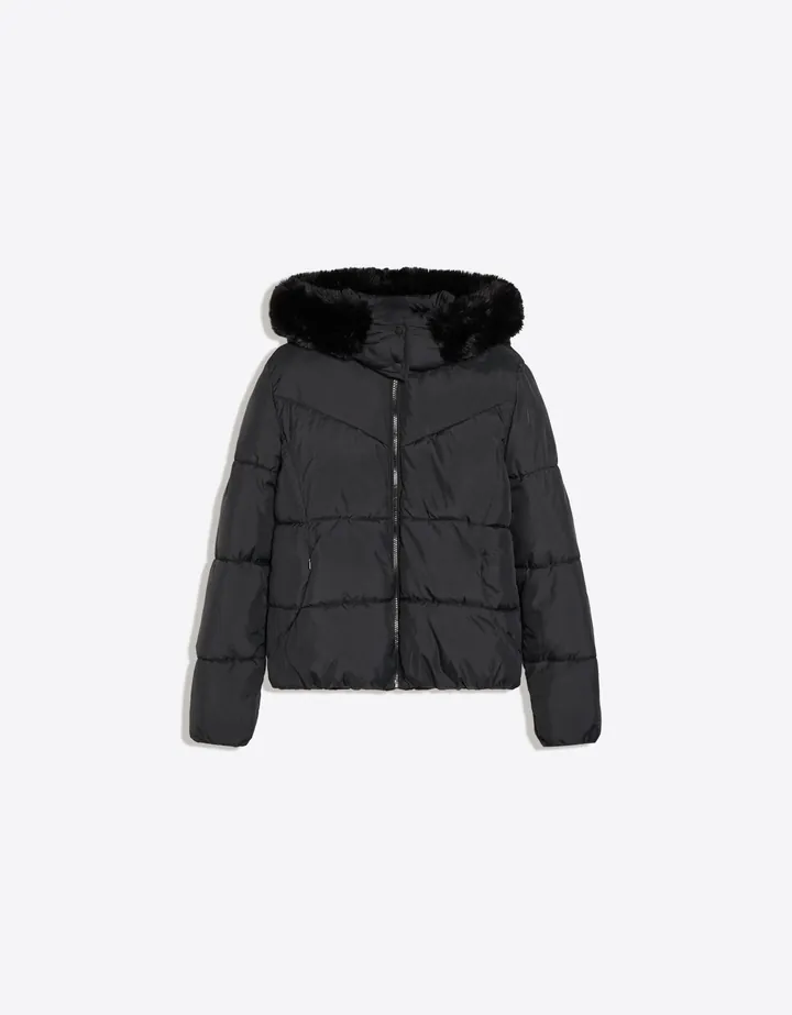 Bershka Cazadora Acolchada Capucha Pelo Mujer L Negro