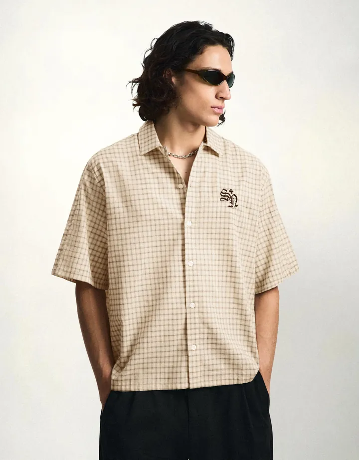 Bershka Camisa Manga Corta Bordado Hombre L Beige