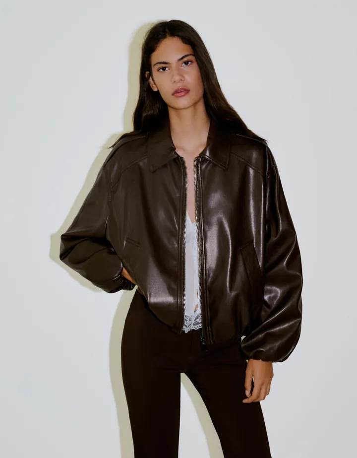 Bershka Cazadora Efecto Piel Globo Mujer L Marrón