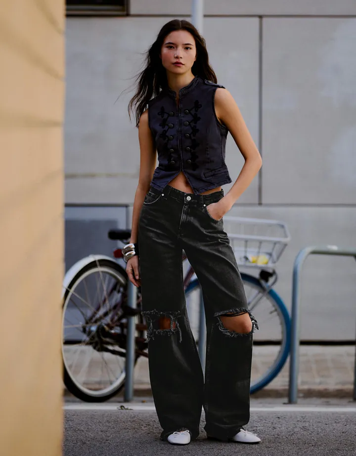 Bershka Jeans Wide Leg Tiro Alto Rotos Mujer 32 Negro