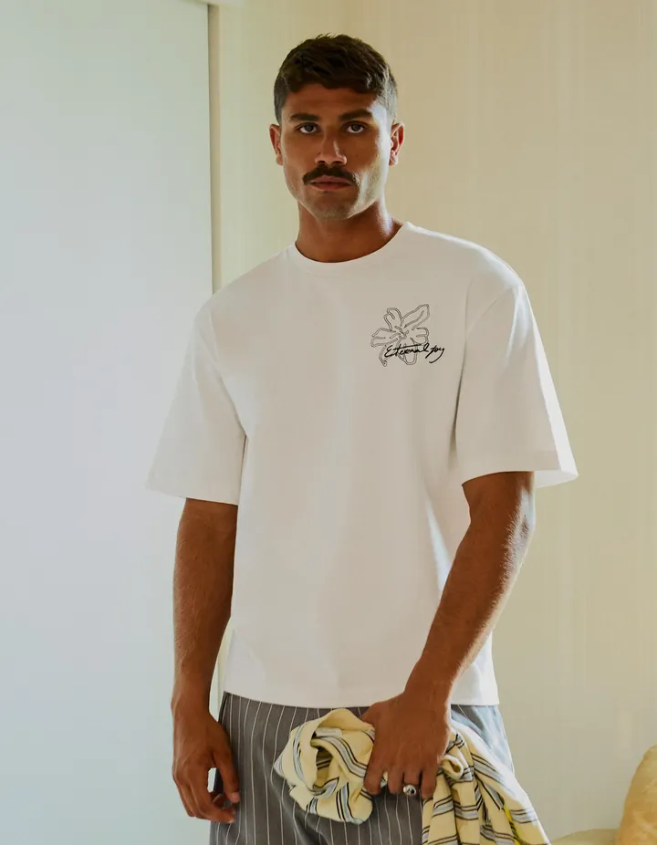 Bershka Camiseta Manga Corta Bordado Hombre L Blanco