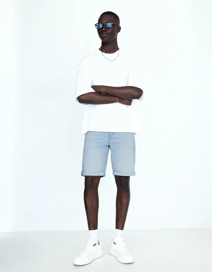 Bershka Bermuda Denim Roll Up Hombre 34 Azul Claro