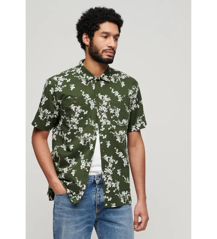 Superdry para hombre. M4010793A Camisa de playa de manga corta verde (L), Casual, Algodón