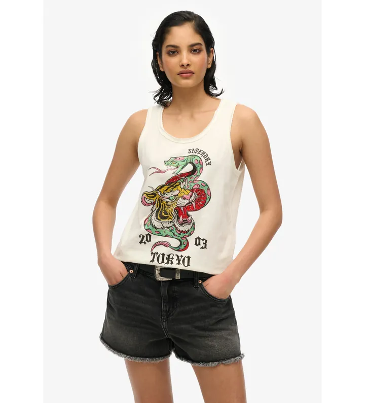 Superdry para mujer. W6012044A Top sin mangas con amplio escote redondo y tatuaje Neo Trad blanco (L), Casual, Algodón, Sin mangas / Tirante