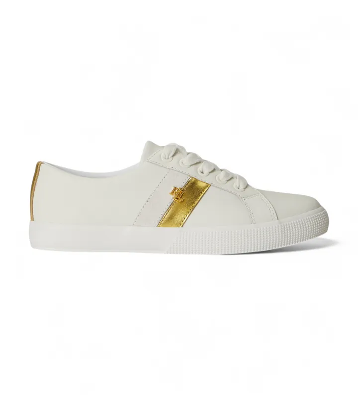 Lauren Ralph Lauren para mujer. 802P02521002 Deportiva Janson II de piel y metalizado blanco roto (36), Plano, Cordones, Casual