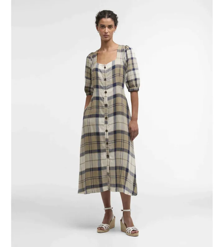Barbour para mujer. LDR1014 Vestido Ballina Midi marrón (M), Casual, Manga 3/4, Lyocell