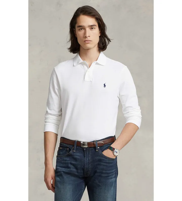 Polo Ralph Lauren para hombre. 710681126001 Polo de piqué Slim Fit de manga larga blanco (3XL), Casual, Algodón