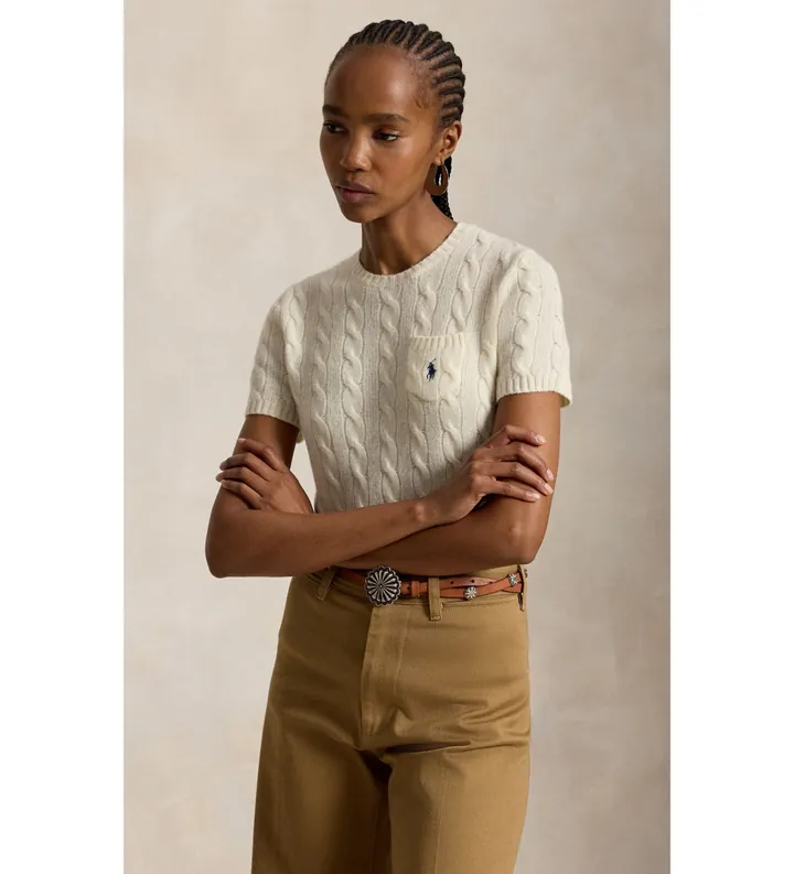Polo Ralph Lauren para mujer. 211A92271002 Jersey Trenzado blanco crema (M), Casual, Algodón, Manga larga