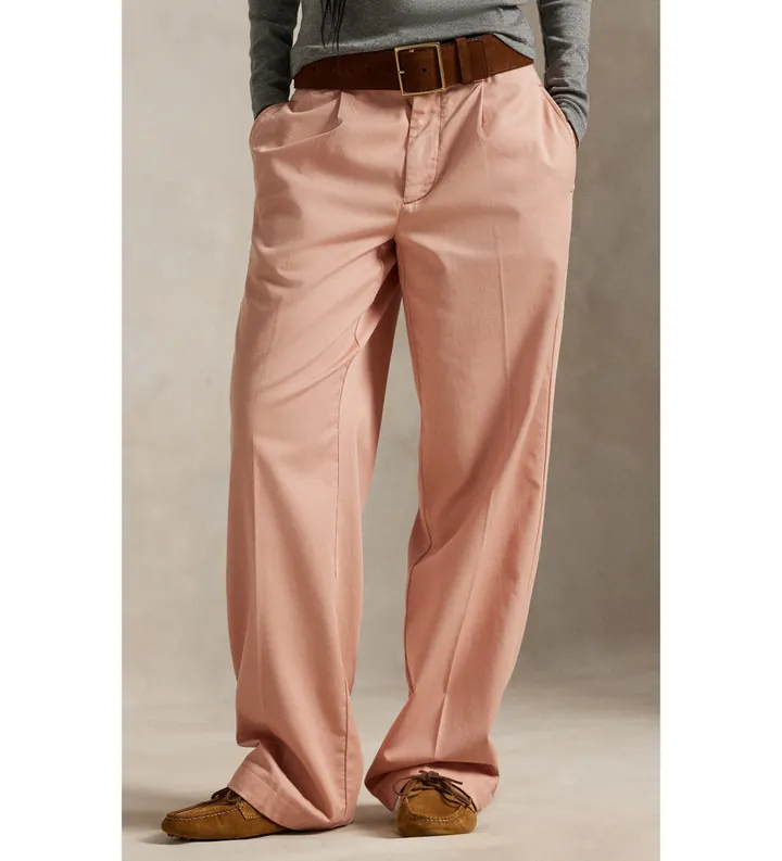 Polo Ralph Lauren para mujer. 211A96676003 Pantalón relajado de algodón con pinzas rosa coral (34), Casual, Clásico