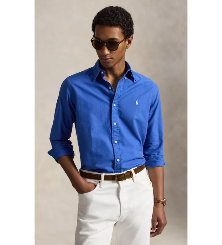 Polo Ralph Lauren para hombre. 710805564512 Camisa oxford teñida Custom Fit azul (S), Casual, Algodón, Manga larga