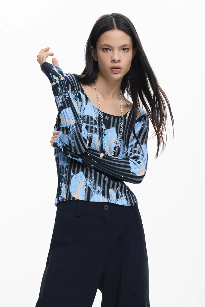Desigual, Jersey fino textura flores, Mujer, Azul, L