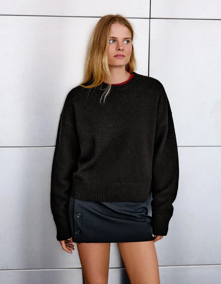 Bershka Jersey Cuello Redondo Mujer L Negro