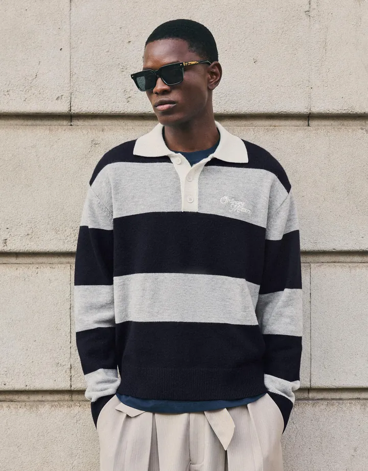 Bershka Jersey Cuello Polo Contraste Rayas Hombre L Marino