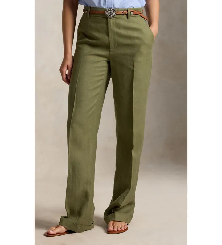 Polo Ralph Lauren para mujer. 211B24437001 Pantalón de lino Relaxed Straight verde (34), Casual, Yute