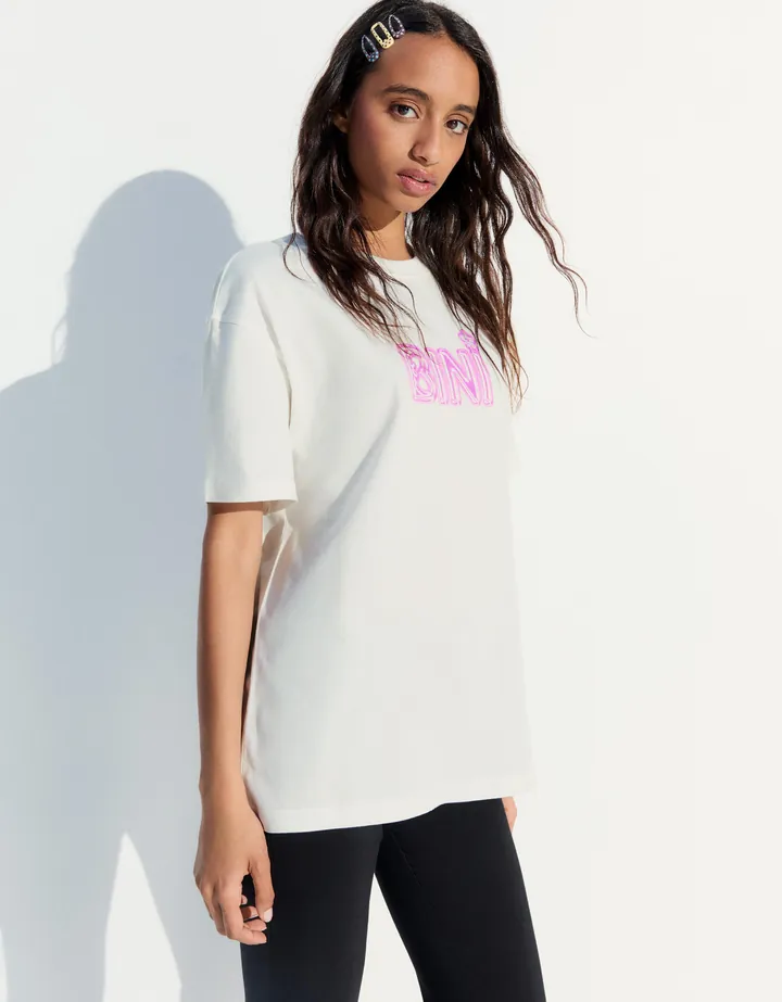 Bershka Camiseta Oversize Print Bini Mujer L Blanco Roto
