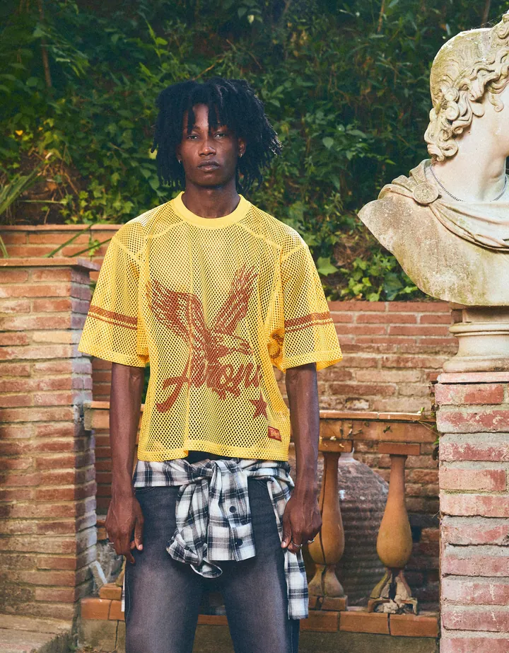 Bershka Camiseta Boxy Fit Mesh Print Hombre L Amarillo