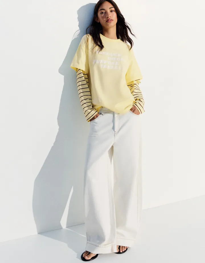 Bershka Camiseta Oversize Doble Manga Print Mujer L Amarillo