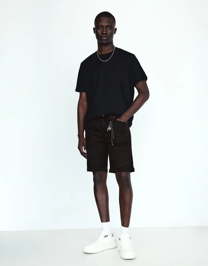 Bershka Bermuda Denim Roll Up Hombre 34 Negro