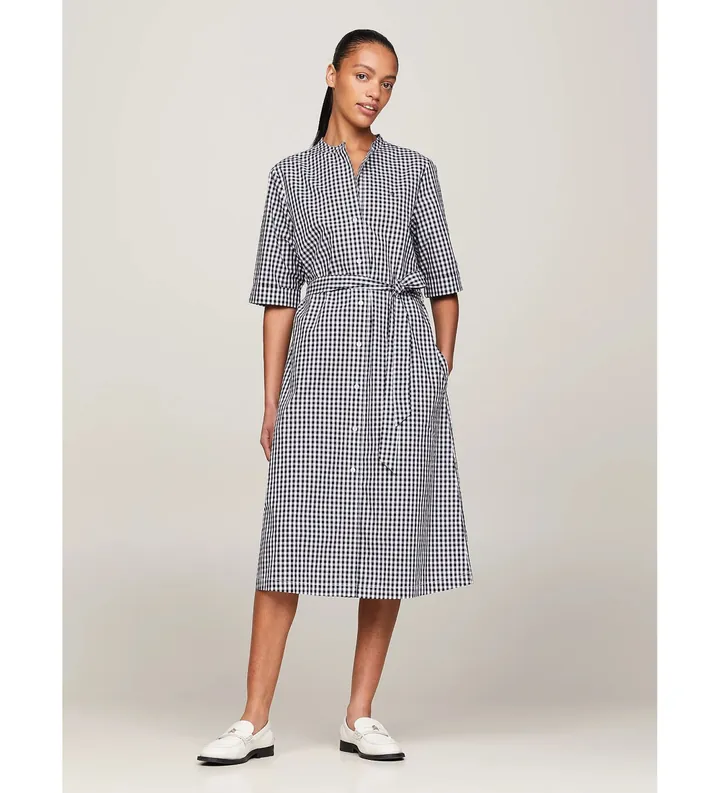 Tommy Hilfiger para mujer. WW0WW42443 Vestido camisero Gingham azul (38), Negro, Casual, Manga larga, Algodón Orgánico