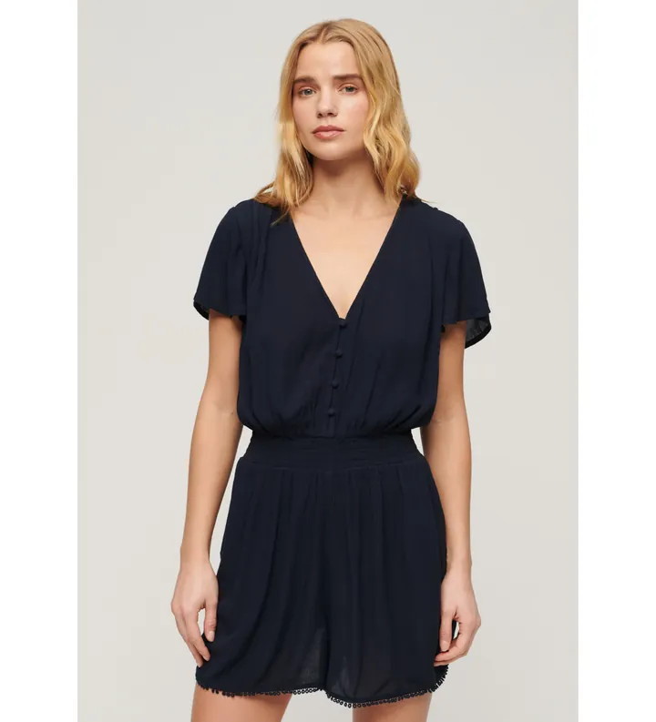 Superdry para mujer. W8011667A Mono de playa de manga corta marino (L), Casual, Viscosa